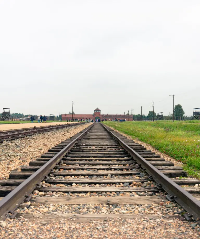 The rail tracks leading to the Birkenau gatehouse, Auschwitz-Birkenau Memorial